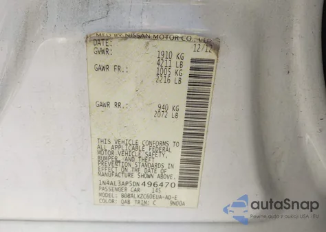 2013 Nissan Altima 2.5 Sl z USA, uszkodzony, nr VIN 1N4AL3AP5DN496470